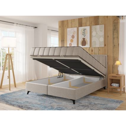 Polsterdatud voodi ALICIA 160x200 cm, madratsite ja kattemadratsiga ning mahuka hoiuruumiga, beež