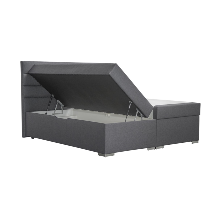 Polsterdatud voodi NEW BOLERO 160x200 cm, hall, hoiuruumiga ning komplektis madratsid koos topperiga