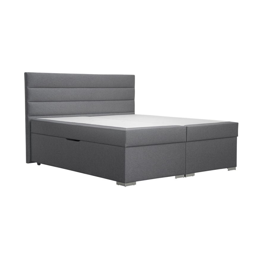 Polsterdatud voodi NEW BOLERO 160x200 cm, hall, hoiuruumiga ning komplektis madratsid koos topperiga
