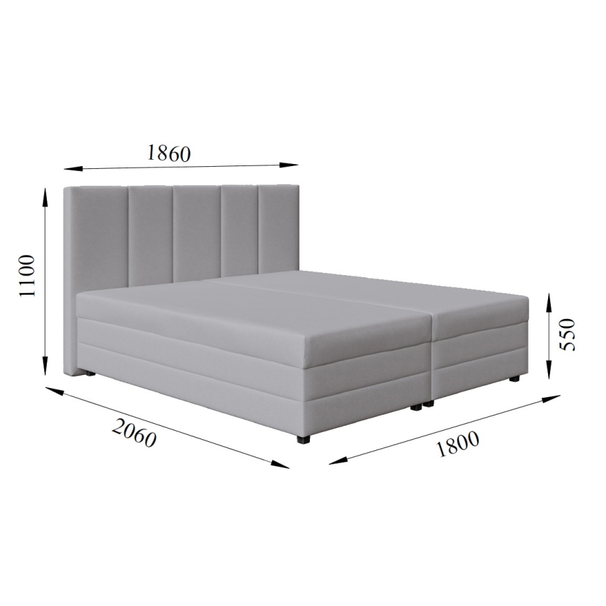 Polsterdatud voodi vedrumadratsiga ja panipaigaga ISABEL 180x200 helehall