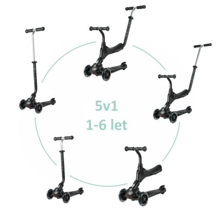 QPlay - Laste tõukeratas LED-valgustusega ratastega 5-ühes SEMA PRO must