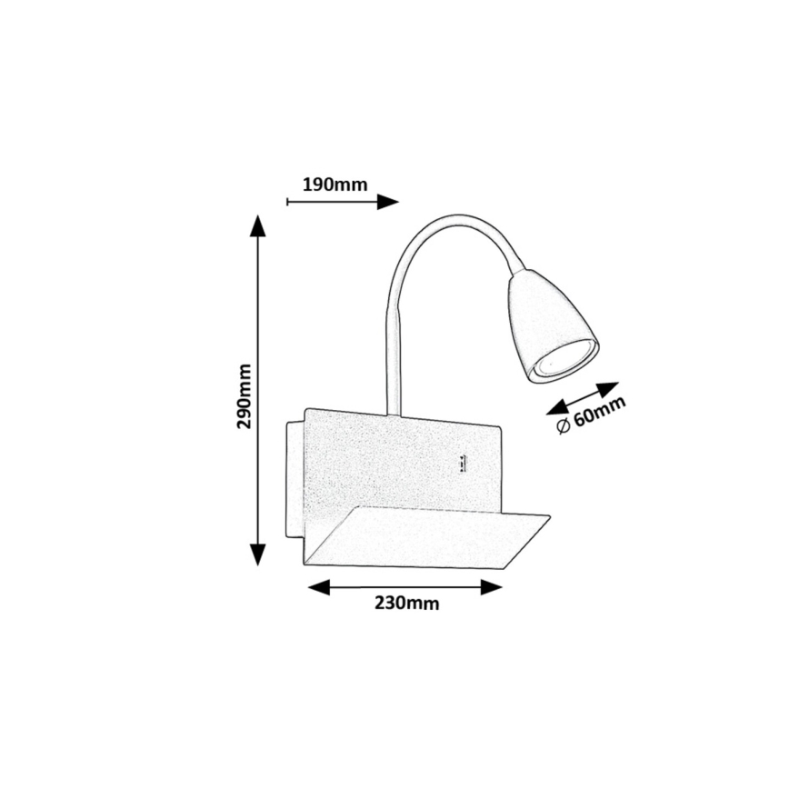Rabalux - Seinavalgusti koos riiuliga ja USB port 1xGU10/25W/230V must