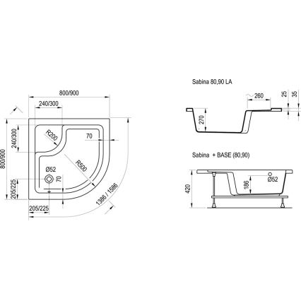 Ravak A217001020 - Poolringikujuline dušialus SABINA 90x90 cm valge