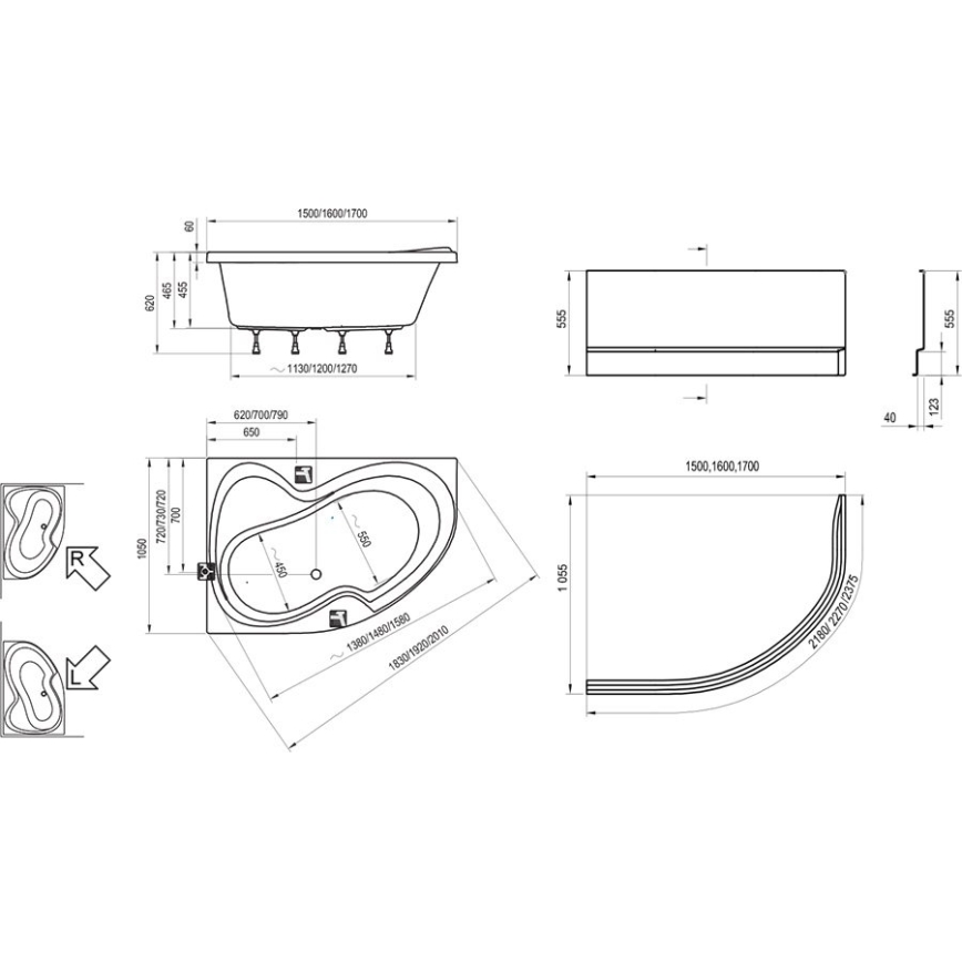Ravak C421000000 - Nurgavann ROSA 170x105 cm akrüül/valge