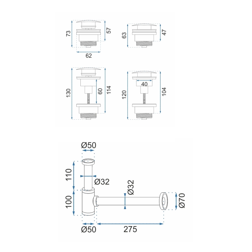 REA-A8541 - Valamu sifoon CLICK-CLACK äravooluga, läbimõõt 6,4 cm, roosakuld