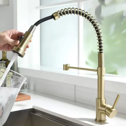 REA-B4821 - Valamusegisti väljatõmmatava dušiotsikuga COLIN 42,5 cm harjatud kuldne