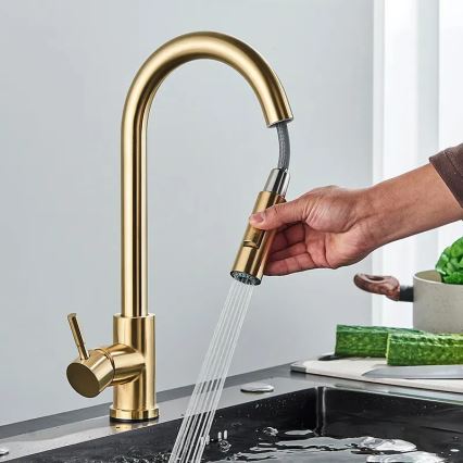 REA-B9148 - Köögivalamusegisti tõmmatava dušipeaga FRESH 39,5 cm, harjatud kuldne