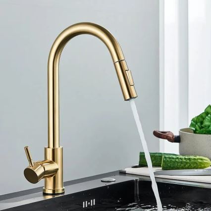 REA-B9148 - Köögivalamusegisti tõmmatava dušipeaga FRESH 39,5 cm, harjatud kuldne