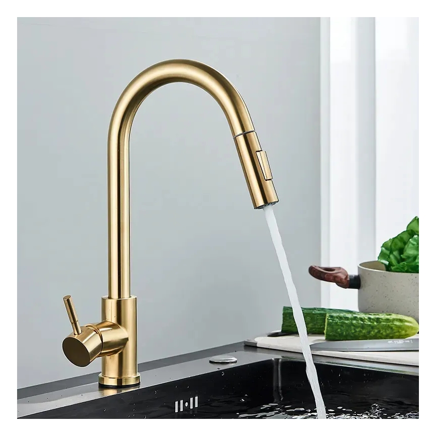 REA-B9148 - Köögivalamusegisti tõmmatava dušipeaga FRESH 39,5 cm, harjatud kuldne