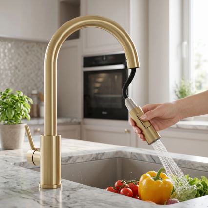 REA-B9842 - Puutejuhtimisega köögisegisti FRESH TOUCH, 37 cm, väljatõmmatava pihustiga, 4xAA, harjatud kuldne