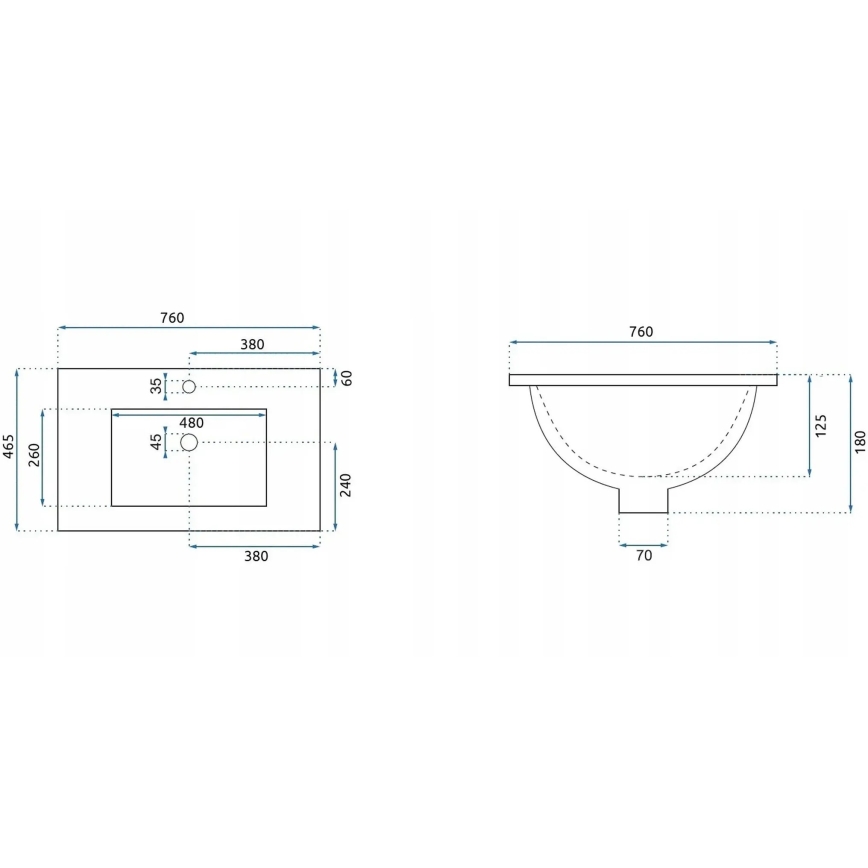 REA-U0040 - Süvistatav valamu DAFNE 46,5x76 cm keraamika/läikiv valge
