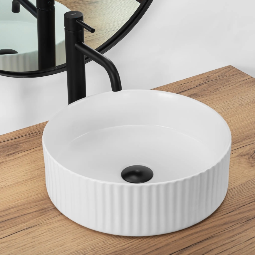 REA-U0601 - Lauale paigaldatav valamu DELIA 36 cm, läikiv valge / kivimustri imitatsioon
