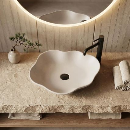 REA-U0617 - Lauale paigaldatav valamu PEARL 38x50,5 cm keraamiline/beež/kiviimitatsioon