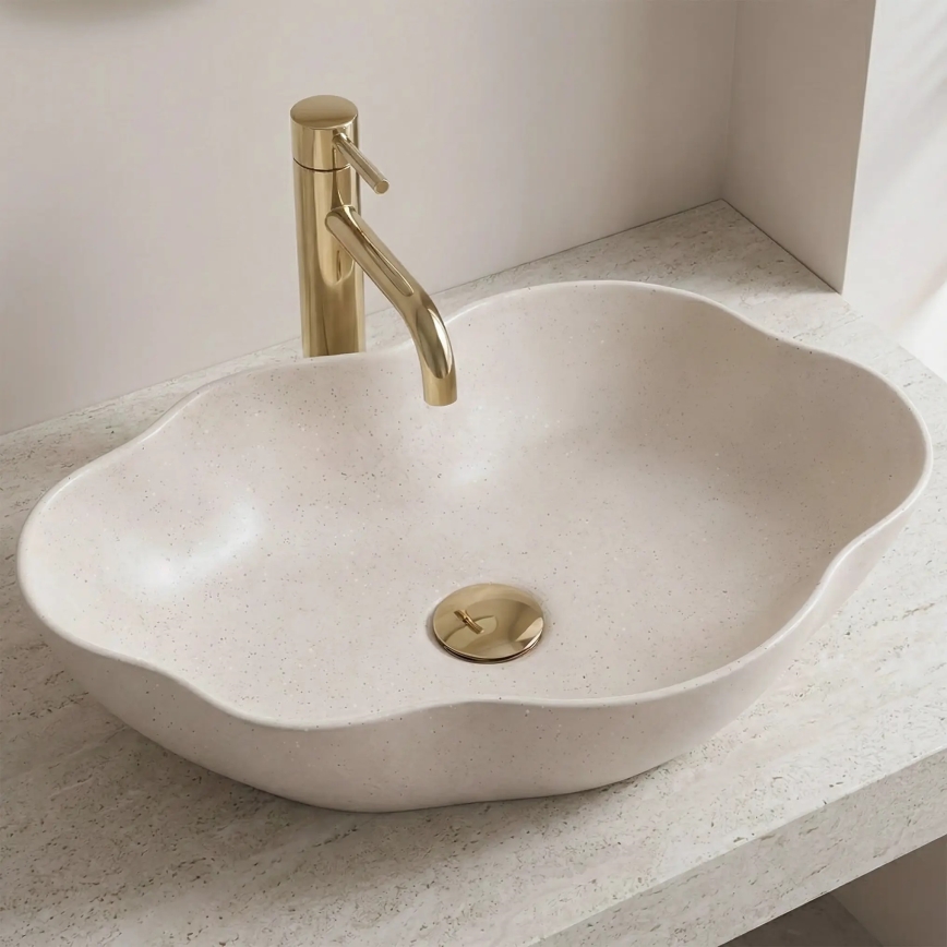 REA-U0617 - Lauale paigaldatav valamu PEARL 38x50,5 cm keraamiline/beež/kiviimitatsioon
