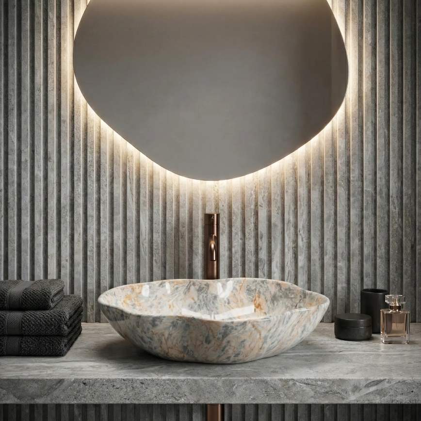 REA-U0620 - Lauaplaadile paigaldatav valamu PEARL 38x50,5 cm keraamika/hall/beež/kiviimitatsioon