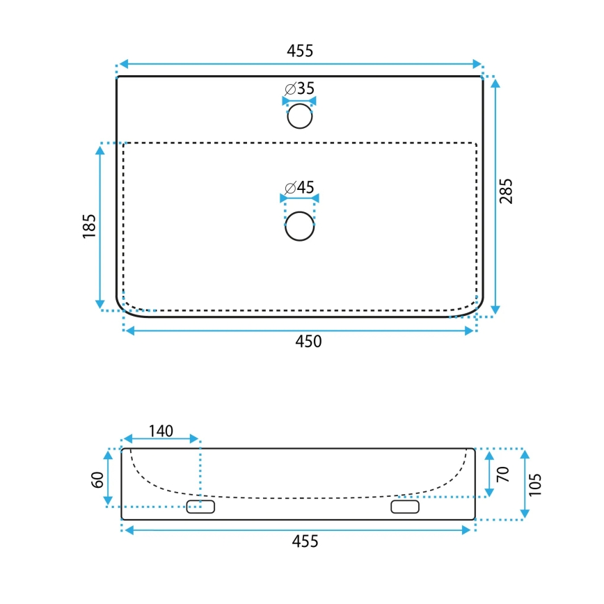 REA-U0630 - Lauale/seinale paigaldatav NAOMI valamu, 28,5x45,5 cm, keraamika/valge