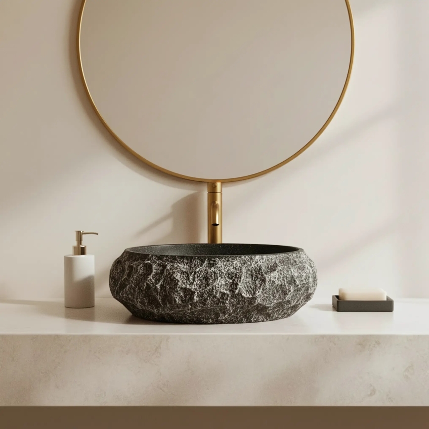 REA-U0634 - Lauapealne valamu MIKA GABRO 38x50 cm must/kiviimitatsioon