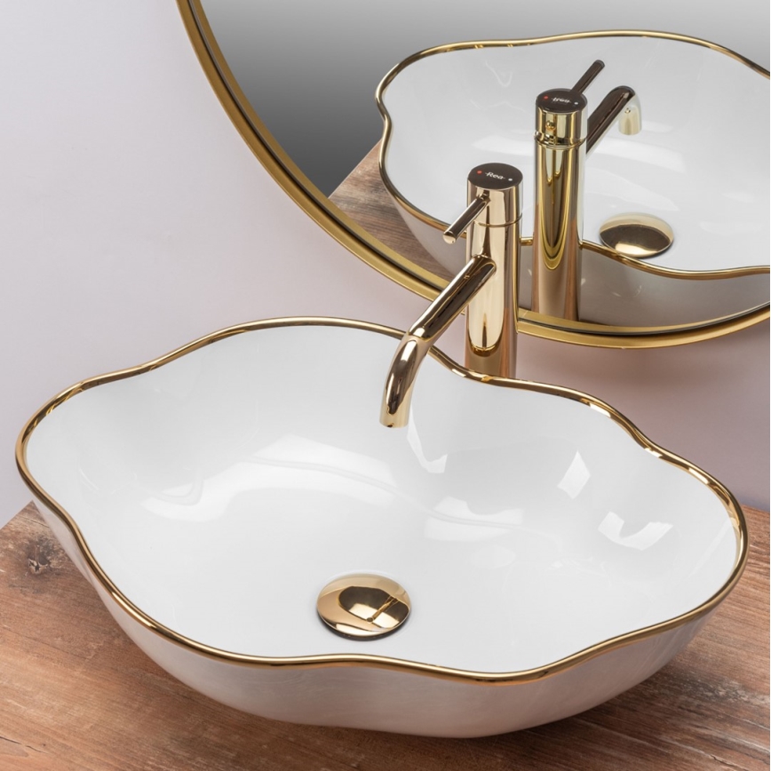 REA-U0696 - Valamu lauaplaadile PEARL 38x50,5 cm keraamika/läikiv valge/kuldne