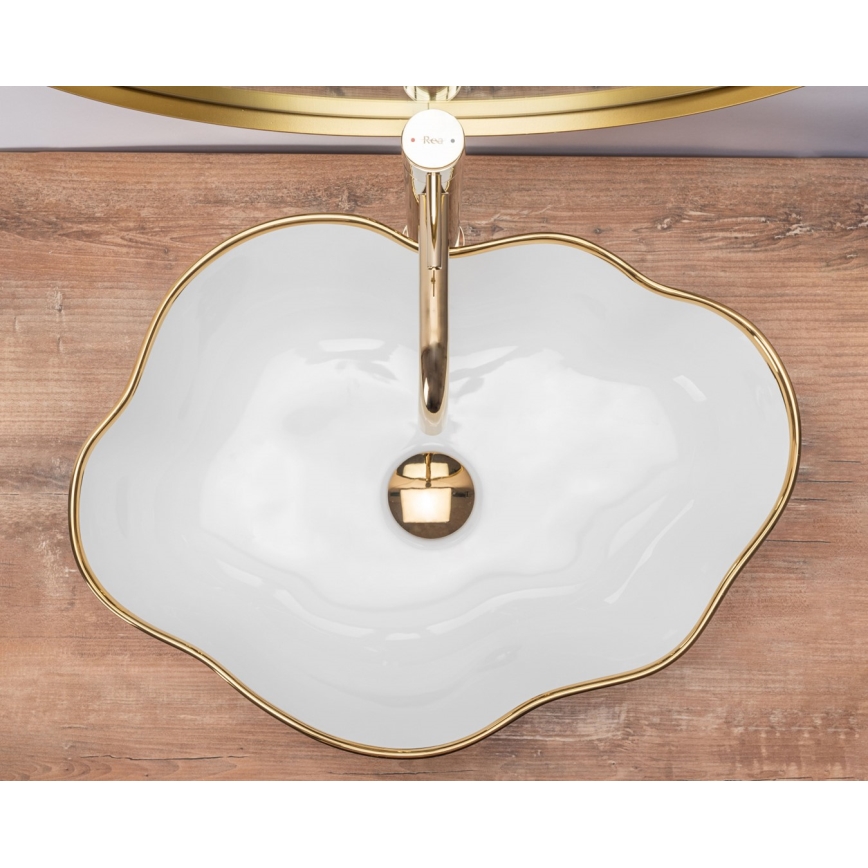 REA-U0696 - Valamu lauaplaadile PEARL 38x50,5 cm keraamika/läikiv valge/kuldne