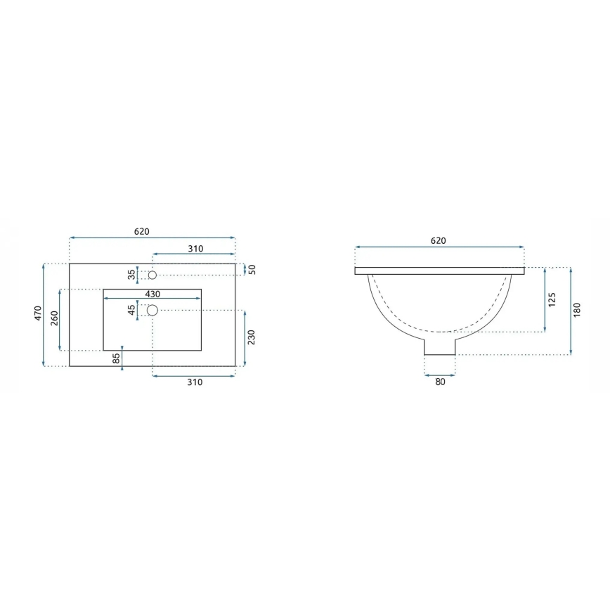 REA-U0786 - Sisseehitatud valamu DAFNE 47x62 cm keraamika/läikiv valge