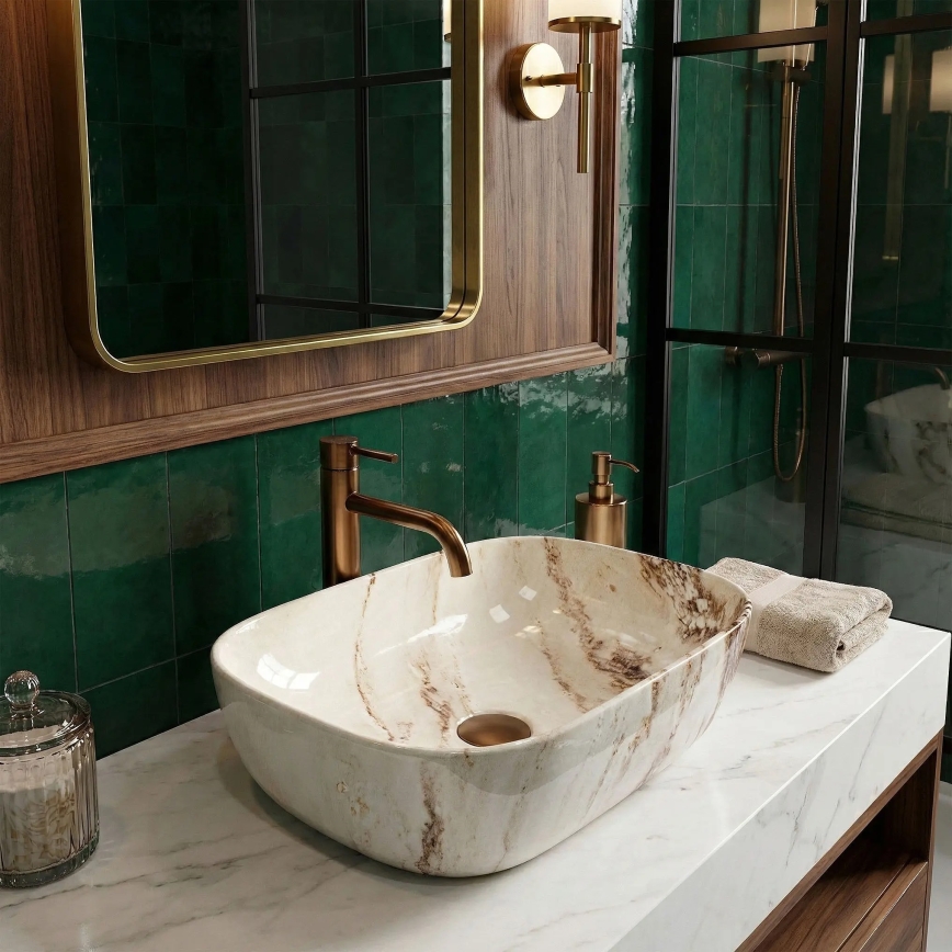 REA-U3601 - Lauale paigaldatav valamu BELINDA 33x46,5 cm keraamika/beež/kivimustriga