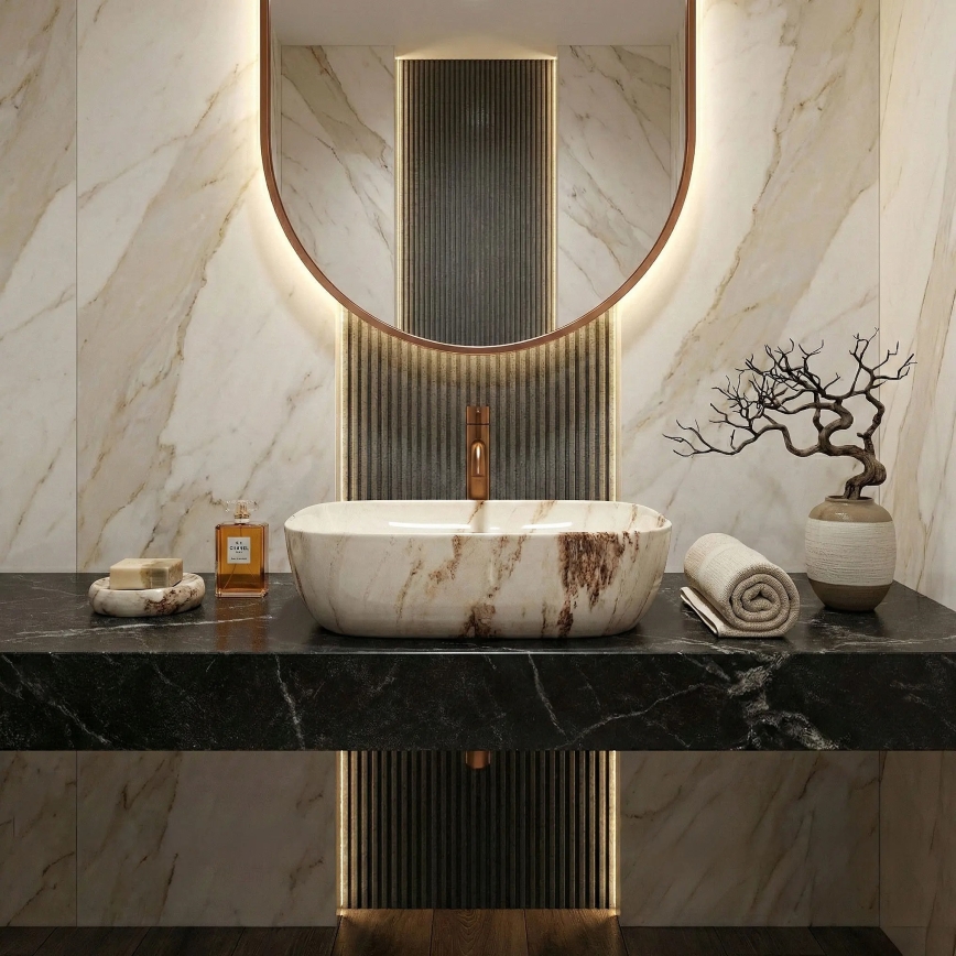 REA-U3601 - Lauale paigaldatav valamu BELINDA 33x46,5 cm keraamika/beež/kivimustriga