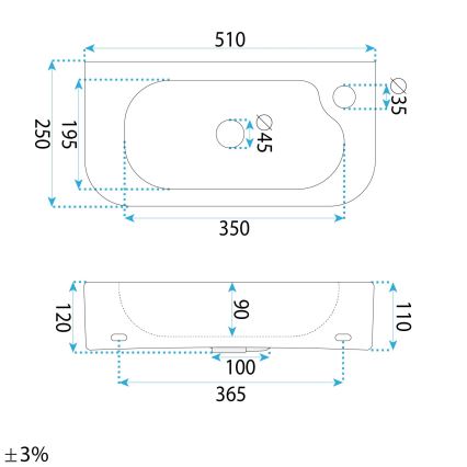 REA-U3610 - Lauaplaadile/seinale paigaldatav valamu ODETTA 25x51 cm keraamika/läikiv valge