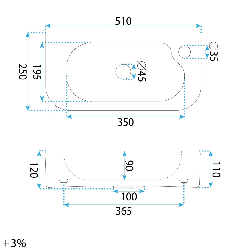 REA-U3610 - Lauaplaadile/seinale paigaldatav valamu ODETTA 25x51 cm keraamika/läikiv valge