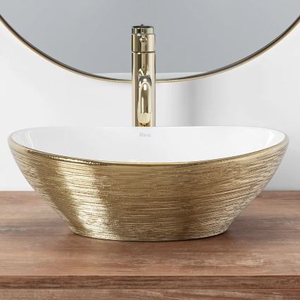 REA-U3697 - Lauale paigaldatav valamu SOFIA 34,5x41 cm keraamiline/valge/harjatud kuld