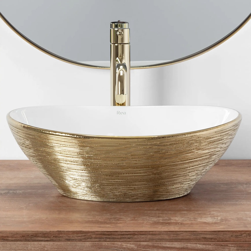 REA-U3697 - Lauale paigaldatav valamu SOFIA 34,5x41 cm keraamiline/valge/harjatud kuld