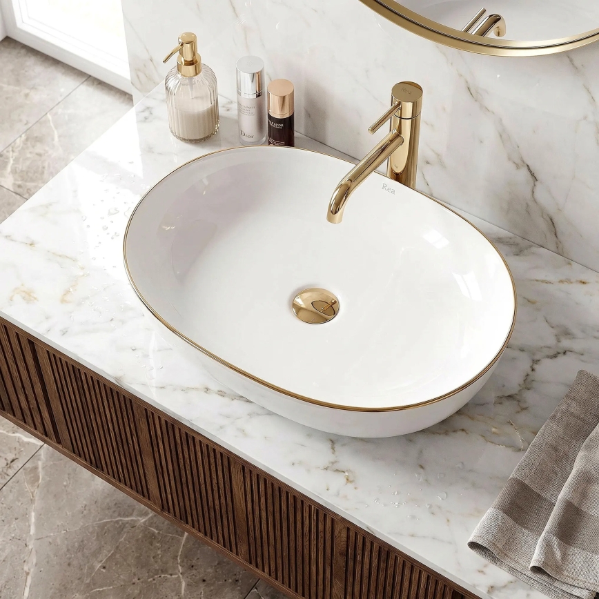 REA-U6211 - CLEO lauapealne valamu 41x60,5 cm keraamika/valge/kuldne