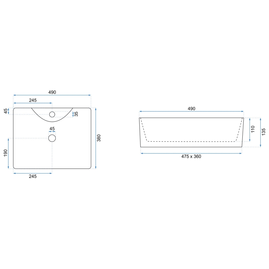 REA-U6524 - Lauaplaadile paigaldatav valamu KELLY 38x49 cm keraamika/läikiv valge