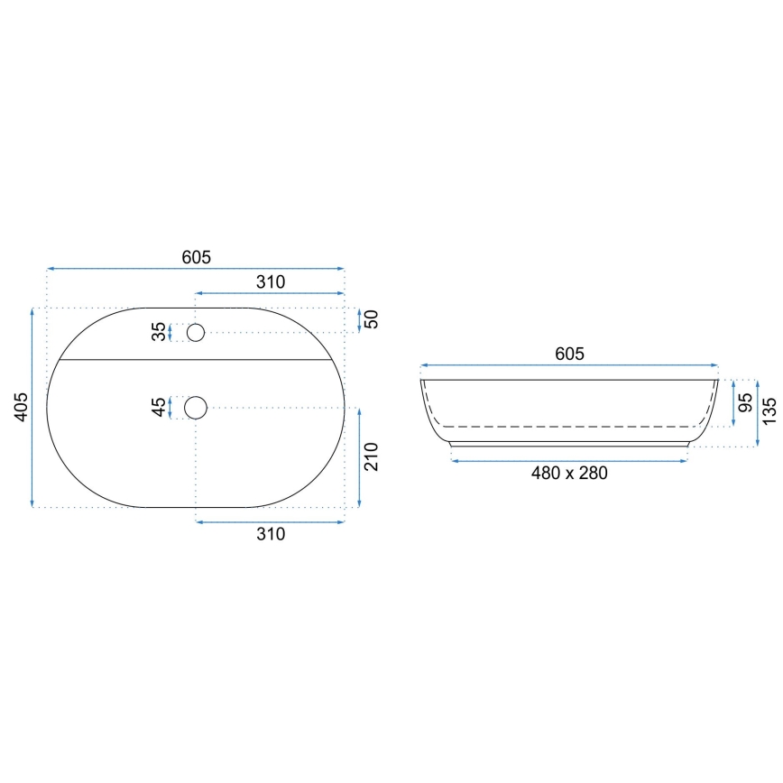 REA-U7900 - Lauapealne valamu AURA 40,5x60,5 cm keraamika/läikiv valge