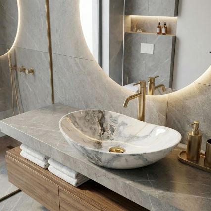 REA-U8596 - Lauapealne valamu ROYAL 36x62,5 cm keraamiline/valge/hall/kiviimitatsioon