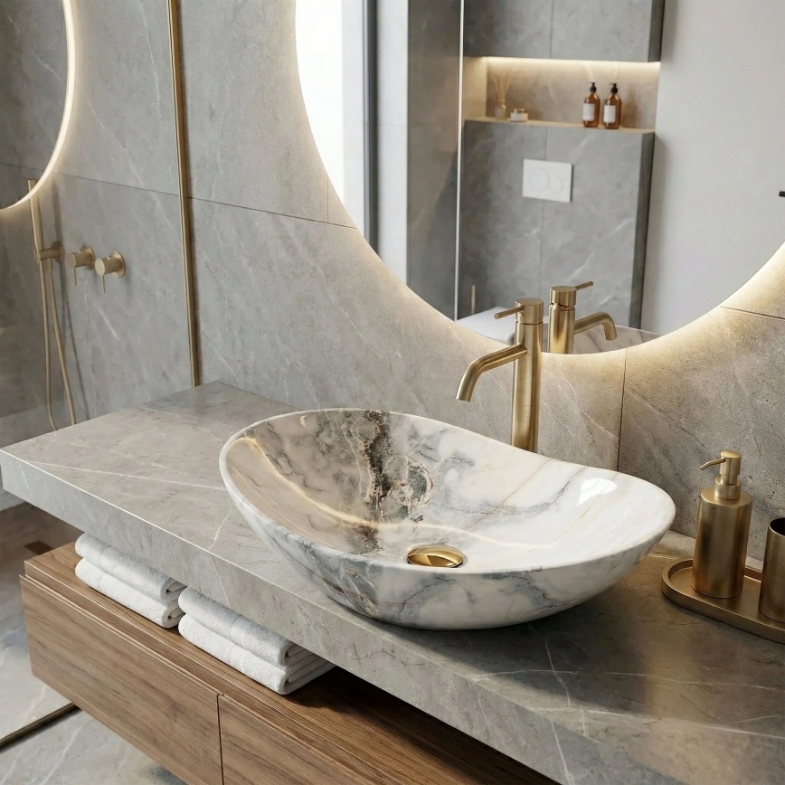 REA-U8596 - Lauapealne valamu ROYAL 36x62,5 cm keraamiline/valge/hall/kiviimitatsioon