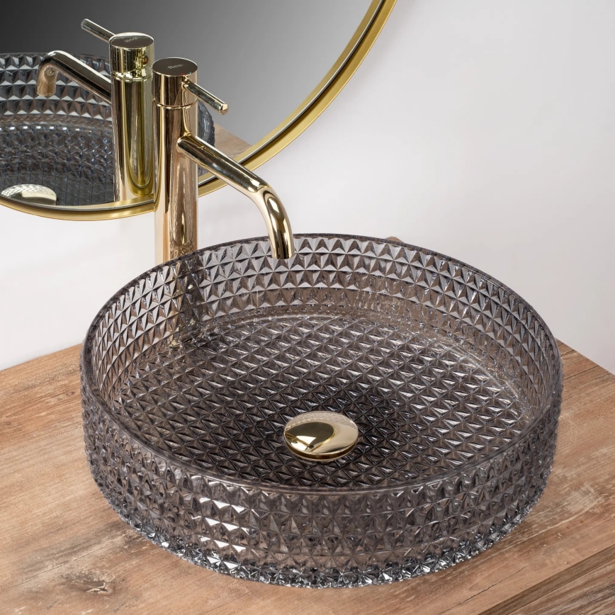 REA-U8880 - Lauaplaadile paigaldatav CRISTAL-valamu, läbimõõt 39 cm, klaas, suitsuhall
