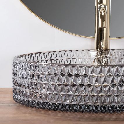 REA-U8880 - Lauaplaadile paigaldatav CRISTAL-valamu, läbimõõt 39 cm, klaas, suitsuhall