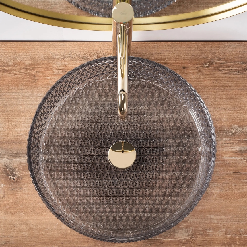 REA-U8880 - Lauaplaadile paigaldatav CRISTAL-valamu, läbimõõt 39 cm, klaas, suitsuhall
