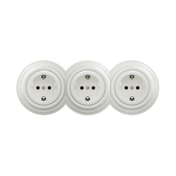 Reblig - kolmekordne retro pistikupesa koduseks kasutamiseks raamiga, SCHUKO 230V, keraamiline, valge
