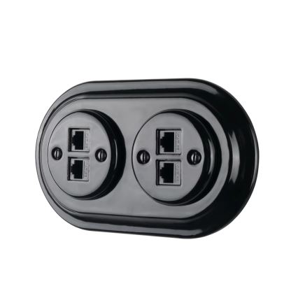 Reblig - Portselanist retro Ethernet-pistikupesa, raamita, 2x CAT.5E, must