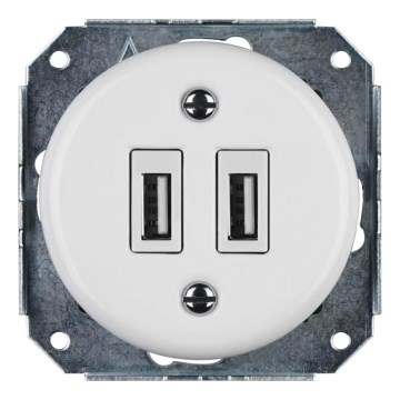 Reblig - portselanist retro USB-seinakontakt, raamita, 2× USB-A, valge