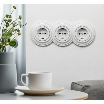 Reblig - Retro kolmikpistikupesa koduseks kasutamiseks raamiga SCHUKO 230V, lumevalge