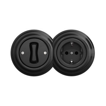 Reblig - Retro ühepoline lüliti nr 1 ja SCHUKO 230 V pistikupesa raamiga, must