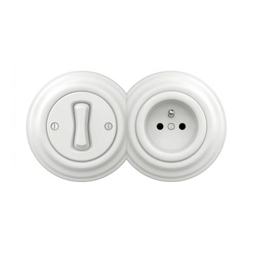 Reblig - Retro ühepoolne lüliti nr 1 ja 230V pistikupesa raamiga, lumivalge