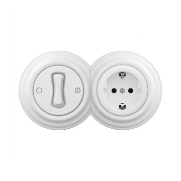 Reblig - Retro ühepoolne lüliti nr 1 ja SCHUKO 230 V pistikupesa raamiga, lumivalge