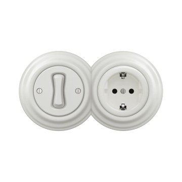 Reblig - Retro ühepoolne lüliti nr 1 ja SCHUKO 230V pistikupesa keraamilise raamiga, valge