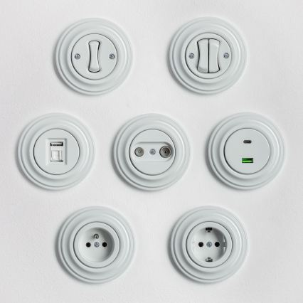 Reblig - retrostiilis kodune pistikupesa raamiga, 230 V, keraamiline, valge