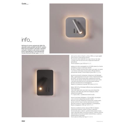 Redo 01-1491 - LED seinavalgusti QUDA LED/6W/230V + LED/3W CRI 90 USB valge