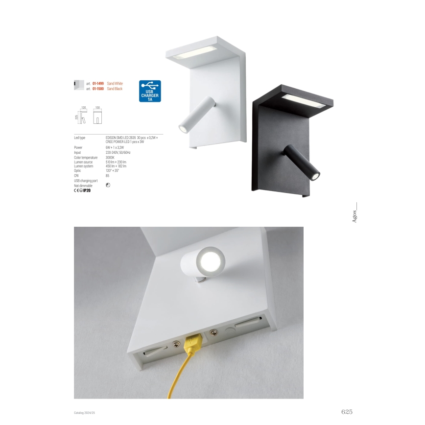 Redo 01-1499 - LED Kohtvalgusti seinale AGOS LED/6W/230V + LED/3,2W USB valge