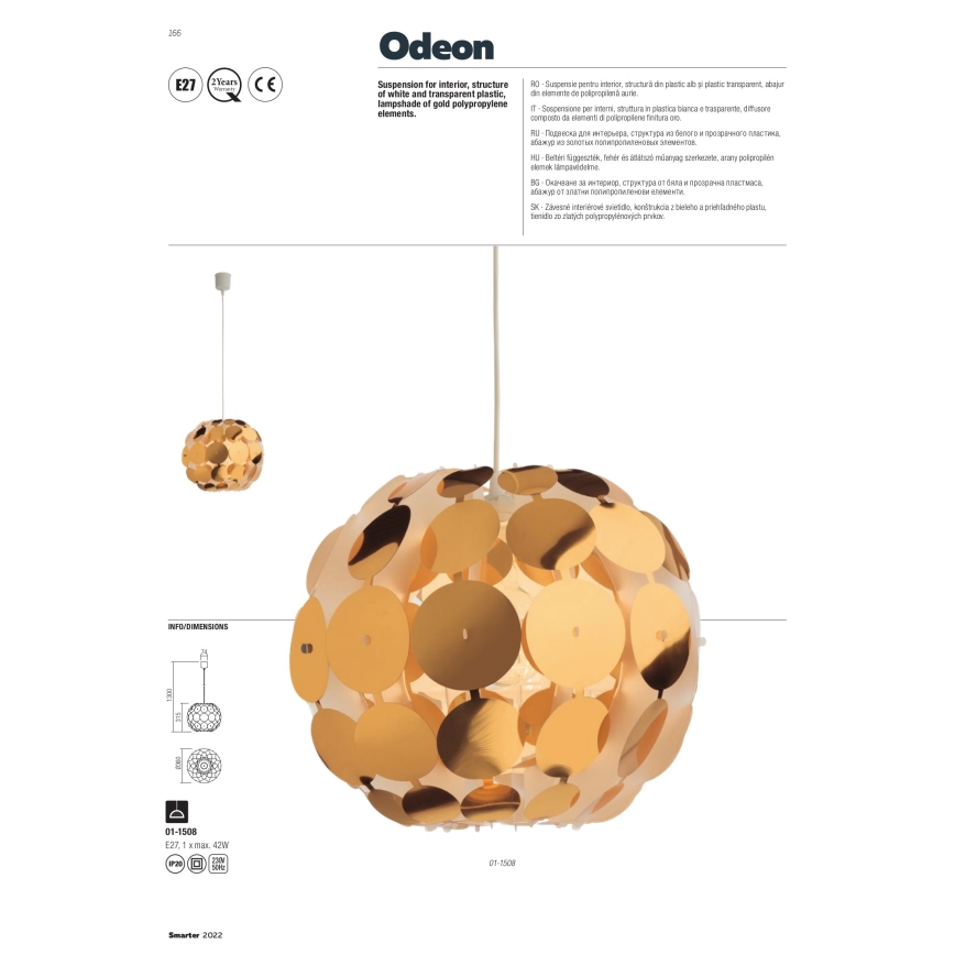 Redo 01-1508 - Lühter ODEON 1xE27/42W/230V d. 36 cm kuldne